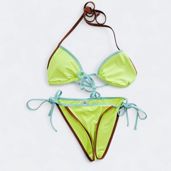 Aerie Vibrant Green Classic Triangle Padded String Bikini Cheeky Bottoms Set S - Picture 1 of 10